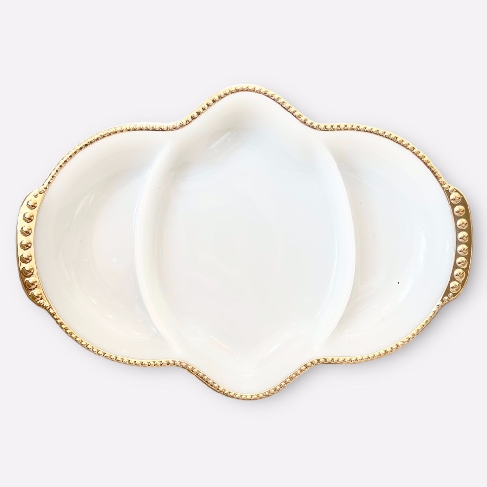 Vintage Divided Tray by Anchor Hocking Fire King White Milk Glass Gold Trim